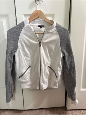 Express White Bomber Jacket with Gray Knit Sleeves